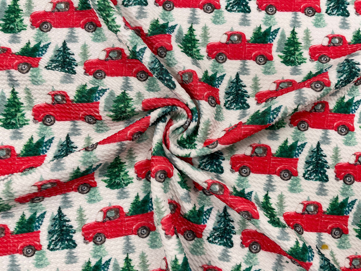 Red Christmas Truck Bullet Print #441 Ribbed Scuba Techno Double Knit 2-Way Stretch Poly Spandex Apparel Craft Fabric 58"-60" Wide BTY