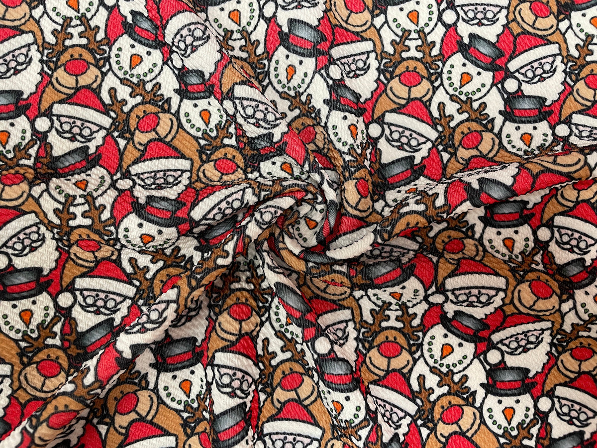 Santa Rudolph Frosty Bullet Print #473 Ribbed Scuba Techno Double Knit 2-Way Stretch Poly Spandex Apparel Craft Fabric 58"-60" Wide BTY
