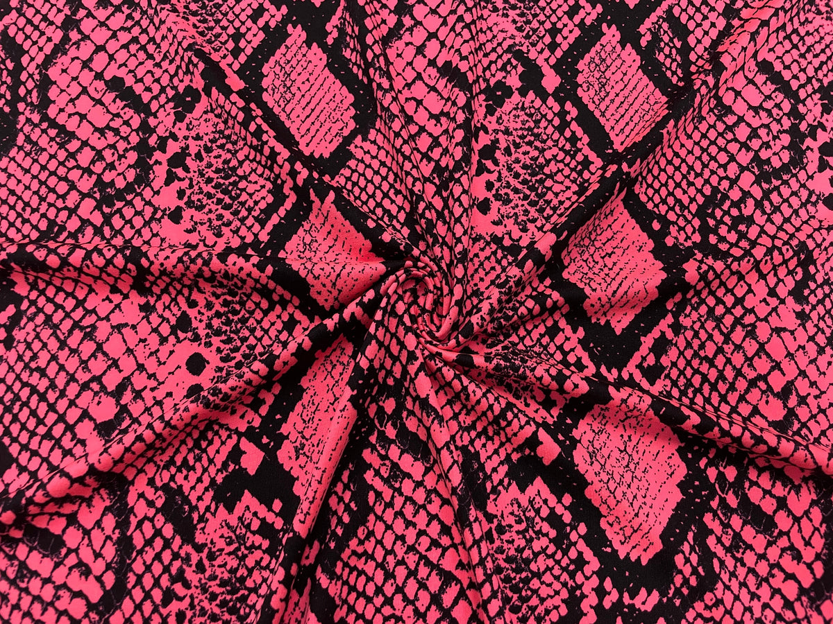 Snakeskin DBP Print #427 Neon Pink Black Double Brushed Polyester Spandex Apparel Stretch Fabric 190 GSM 58"-60" Wide By The Yard