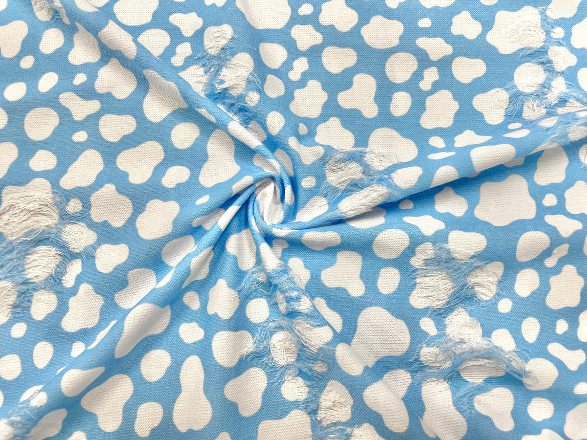 Cow Spot Blue White Distressed Denim Print #30 Polyester Rayon Spandex Stretch Apparel Fabric 58"-60" Wide By The Yard
