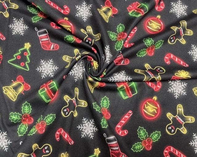 Neon Christmas Xmas DBP Print #668 Double Brushed Polyester Spandex Apparel Stretch Fabric 190 GSM 58"-60" Wide By The Yard