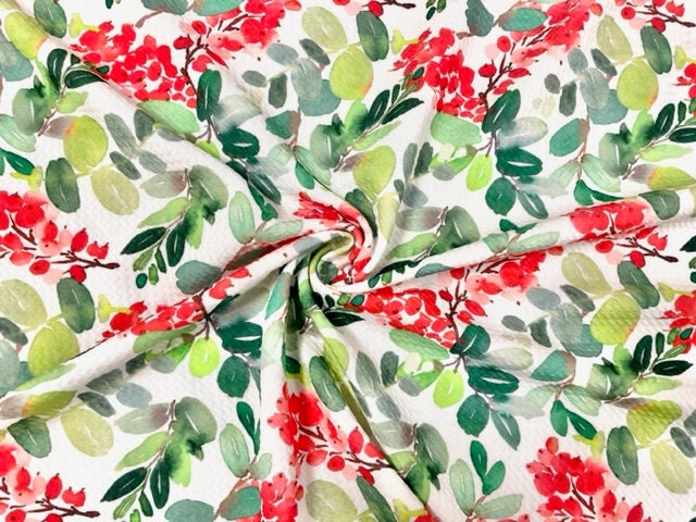 Watercolor Xmas Floral Bullet Print #587 Ribbed Scuba Techno Double Knit 2-Way Stretch Poly Spandex Apparel Craft Fabric 58"-60" Wide BTY