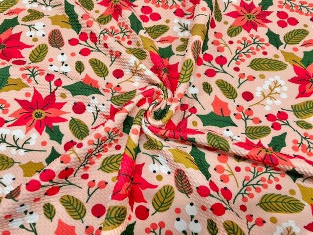Poinsettia Floral Xmas Bullet Print #648 Ribbed Scuba Techno Double Knit 2-Way Stretch Poly Spandex Apparel Craft Fabric 58"-60" Wide BTY