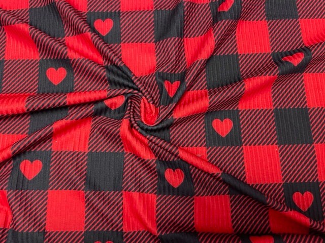 Buffalo Plaid Red Heart DBP 4x2 Rib Knit Print #264 Double Brushed Poly Spandex Stretch 190GSM Apparel Fabric 58"-60" Wide By The Yard