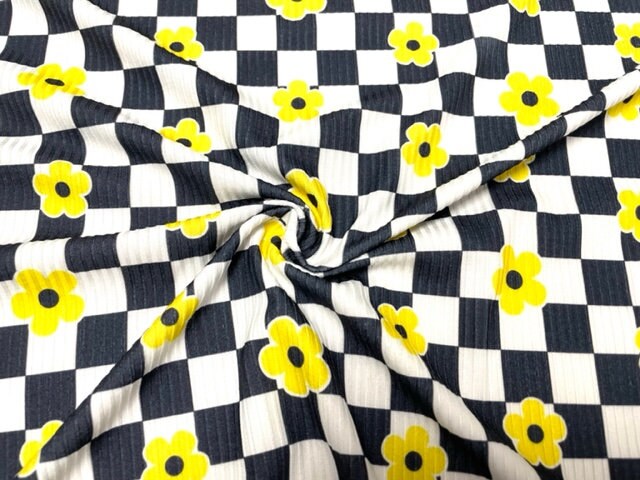 Checkerboard Floral Daisy DBP 4x2 Rib Knit Print #268 Double Brushed Poly Spandex Stretch 190GSM Apparel Fabric 58"-60" Wide By The Yard