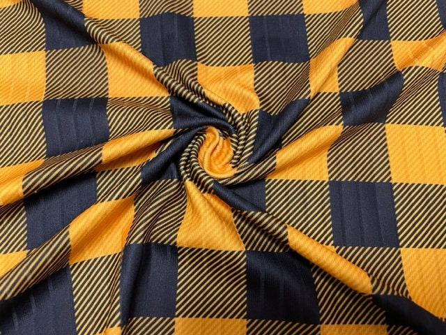 8x3 Rib Buffalo Plaid Mustard Black DBP Knit Print #289 Double Brushed Poly Spandex Stretch 190GSM Apparel Fabric 58"-60" Wide By The Yard