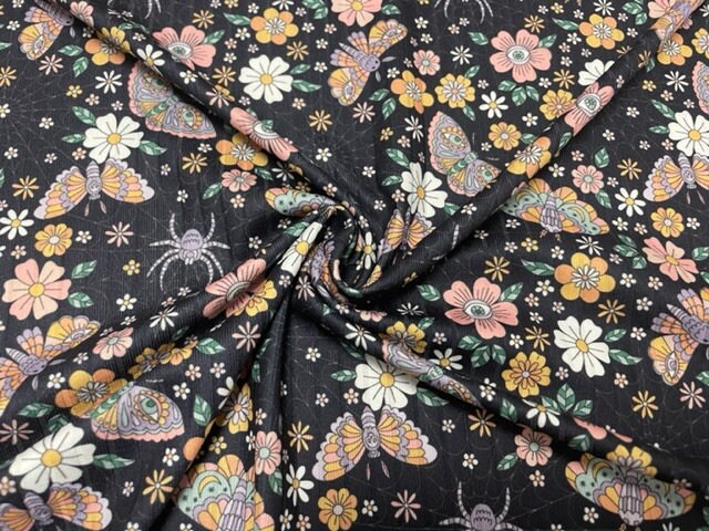 8x3 Rib Spooky Boho Butterfly Floral DBP Knit Print #298 Double Brushed Poly Spandex Stretch 190GSM Apparel Fabric 58"-60" Wide By The Yard
