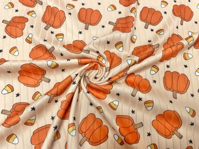 8x3 Rib Brittany Frost Designs Pumpkin Corn DBP Knit Print #306 Brushed Poly Spandex Stretch 190GSM Apparel Fabric 58"-60" Wide By The Yard