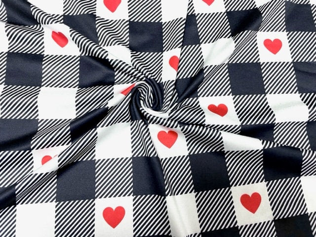 Heart Buffalo Plaid Black White DBP Print #869 Double Brushed Polyester Spandex Apparel Stretch Fabric 190 GSM 58"-60" Wide By The Yard