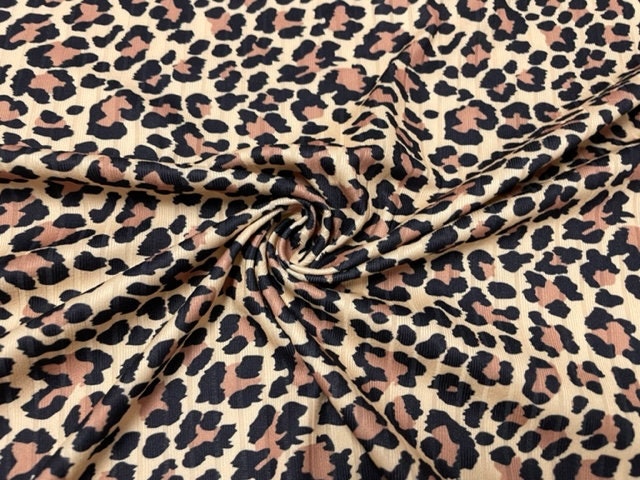 8x3 Rib Leopard Spot Animal DBP Knit Print #358 Double Brushed Poly Spandex Stretch 190GSM Apparel Fabric 58"-60" Wide By The Yard