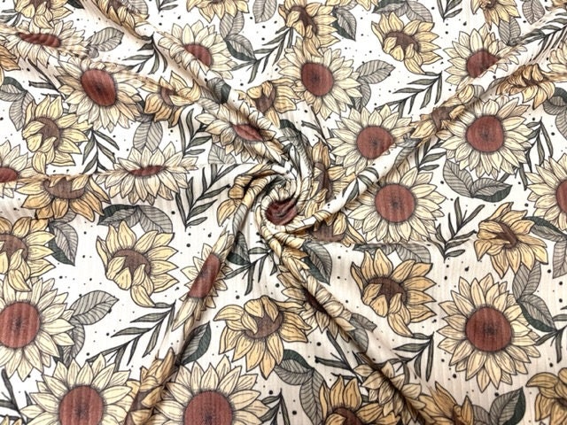 Brittany Frost Designs Sunflowers DBP 4x2 Rib Knit Print #235 Brushed Poly Spandex Stretch 190GSM Apparel Fabric 58"-60" Wide By The Yard
