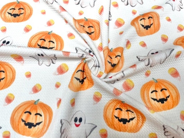 Pumpkin Ghost Candy Corn Bullet Print #751 Ribbed Scuba Techno Double Knit 2-Way Stretch Poly Spandex Apparel Craft Fabric 58"-60" Wide BTY
