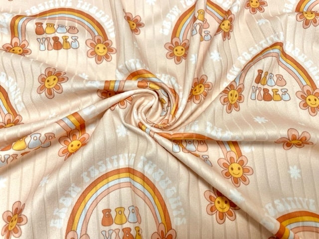 8x3 Boho Good Vibes Rainbow DBP Knit Print #380 Double Brushed Poly Spandex Stretch 190GSM Apparel Fabric 58"-60" Wide By The Yard