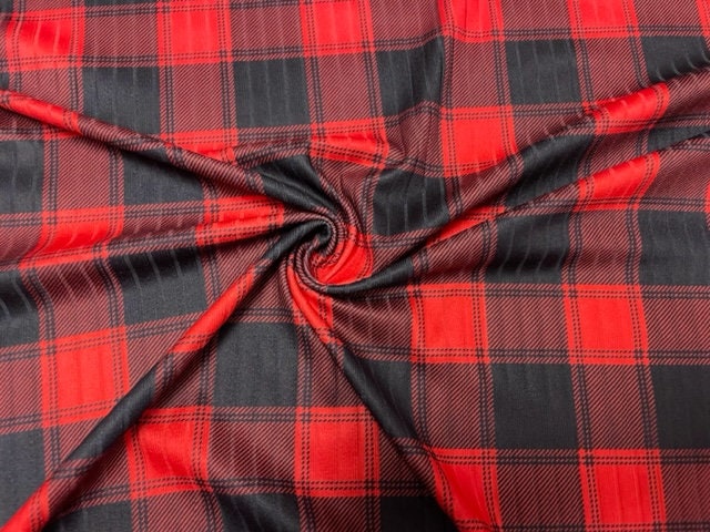 8x3 Rib Lumberjack Plaid Red Black DBP Knit Print #288 Double Brushed Poly Spandex Stretch 190GSM Apparel Fabric 58"-60" Wide By The Yard