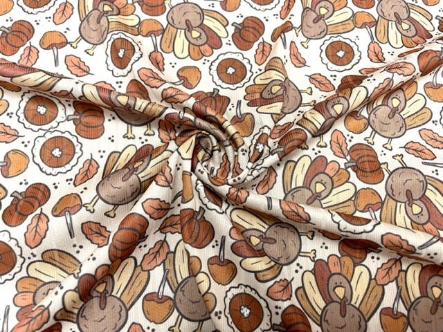 8x3 Rib Brittany Frost Designs Turkey Pie DBP Knit Print #291 Brushed Poly Spandex Stretch 190GSM Apparel Fabric 58"-60" Wide By The Yard