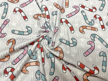 Load image into Gallery viewer, 4x2 Rib Knit Brittany Frost Designs Candy Canes DBP Print #437 Double Brush Poly Spandex Stretch 190GSM Fabric 58"-60" Wide By The Yard