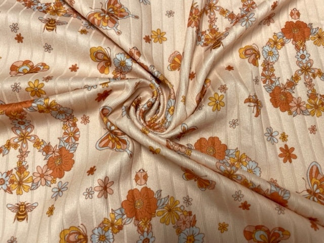 8x3 Peace Sign Floral Butterfly DBP Knit Print #366 Double Brushed Poly Spandex Stretch 190GSM Apparel Fabric 58"-60" Wide By The Yard
