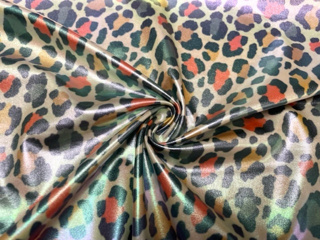 Leopard Fall Tones Holographic Pleather Print #8 Shiny Faux Leather Stretch Vinyl Poly Spandex 190 GSM Fabric 58"-60" Wide By The Yard