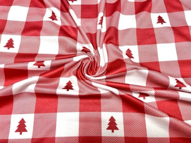 Buffalo Plaid Christmas Tree DBP Print #878 Double Brushed Polyester Spandex Apparel Stretch Fabric 190 GSM 58"-60" Wide By The Yard