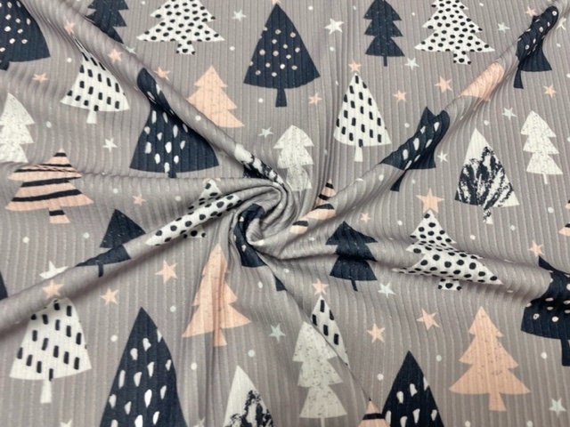 4x2 Rib Knit Christmas Tree Star DBP Print #432 Double Brushed Poly Spandex Stretch 190GSM Apparel Fabric 58"-60" Wide By The Yard