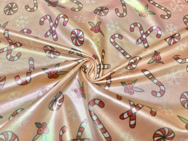 Candy Cane Holographic Pleather Print #11 Shiny Faux Leather Stretch Vinyl Poly Spandex 190 GSM Apparel Fabric 58"-60" Wide By The Yard