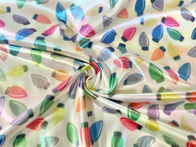 Holo Pleather Brittany Frost Designs Xmas Lights Print #18 Shiny Stretch Vinyl Poly Spandex 190 GSM Apparel Fabric 58"-60" Wide By The Yard