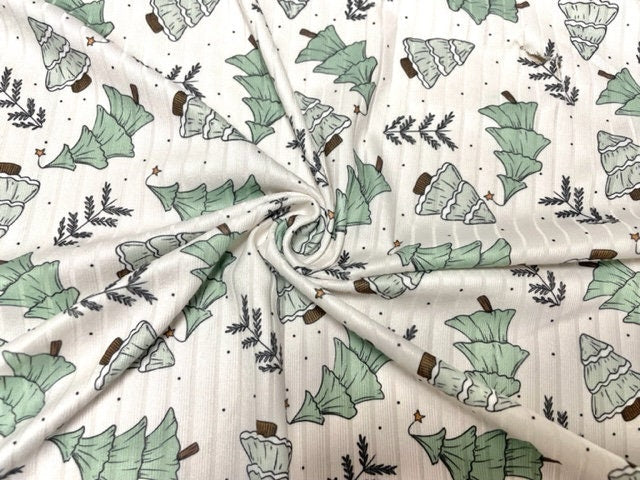 8x3 Rib Brittany Frost Designs Xmas Tree DBP Knit Print #441 Brushed Poly Spandex Stretch 190GSM Apparel Fabric 58"-60" Wide By The Yard