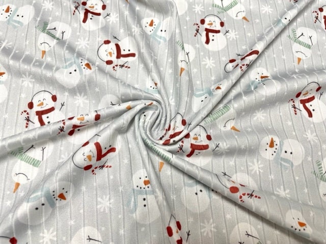 8x3 Rib Brittany Frost Designs Xmas Snowman DBP Knit Print #446 Brushed Poly Spandex Stretch 190GSM Apparel Fabric 58"-60" Wide By The Yard