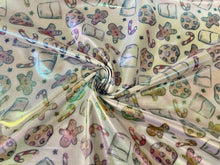 Load image into Gallery viewer, Holo Pleather Brittany Frost Designs Milk Cookie Print #16 Shiny Stretch Vinyl Poly Spandex 190 GSM Apparel Fabric 58"-60" Wide By The Yard
