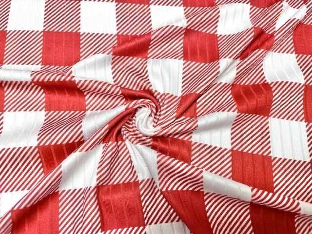 8x3 Buffalo Plaid White Red DBP Knit Print #444 Double Brushed Poly Spandex Stretch 190GSM Apparel Fabric 58"-60" Wide By The Yard