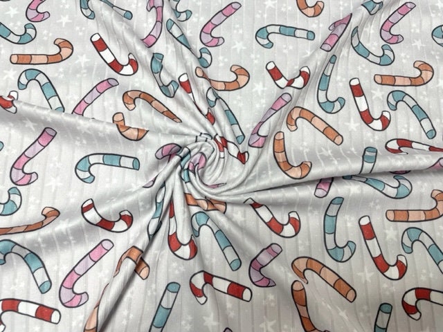 8x3 Rib Brittany Frost Designs Candy Cane DBP Knit Print #458 Brushed Poly Spandex Stretch 190GSM Apparel Fabric 58"-60" Wide By The Yard