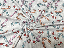 Load image into Gallery viewer, 8x3 Rib Brittany Frost Designs Candy Cane DBP Knit Print #458 Brushed Poly Spandex Stretch 190GSM Apparel Fabric 58"-60" Wide By The Yard