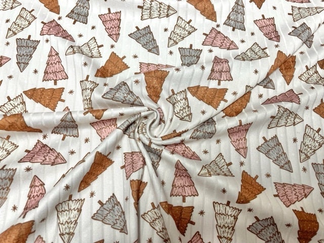 8x3 Rib Brittany Frost Designs Xmas Tree DBP Knit Print #459 Brushed Poly Spandex Stretch 190GSM Apparel Fabric 58"-60" Wide By The Yard