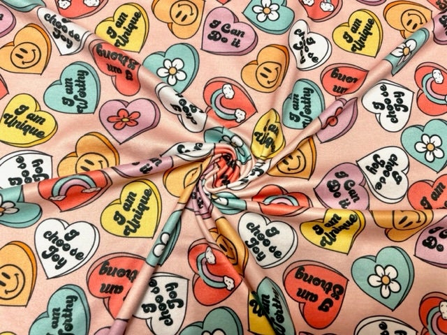 Brittany Frost Designs Candy Hearts DBP Print #918 Double Brushed Polyester Spandex Apparel Stretch Fabric 190 GSM 58"-60" Wide By The Yard