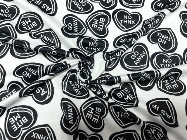Brittany Frost Designs Candy Hearts DBP Print #922 Double Brushed Polyester Spandex Apparel Stretch Fabric 190 GSM 58"-60" Wide By The Yard