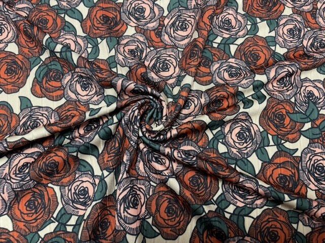 8x3 Rib Brittany Frost Designs Roses Floral DBP Knit Print #474 Brushed Poly Spandex Stretch 190GSM Apparel Fabric 58"-60" Wide By The Yard