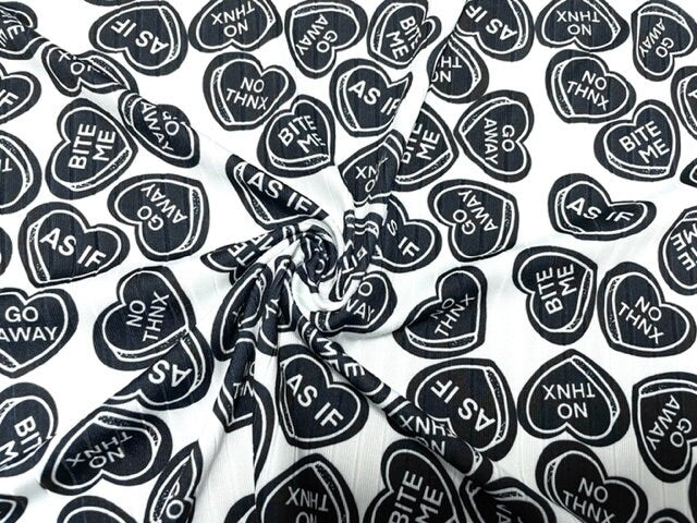8x3 Rib Brittany Frost Designs Candy Hearts DBP Knit Print #477 Brushed Poly Spandex Stretch 190GSM Apparel Fabric 58"-60" Wide By The Yard