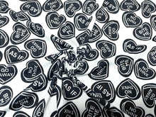 Load image into Gallery viewer, 8x3 Rib Brittany Frost Designs Candy Hearts DBP Knit Print #477 Brushed Poly Spandex Stretch 190GSM Apparel Fabric 58"-60" Wide By The Yard