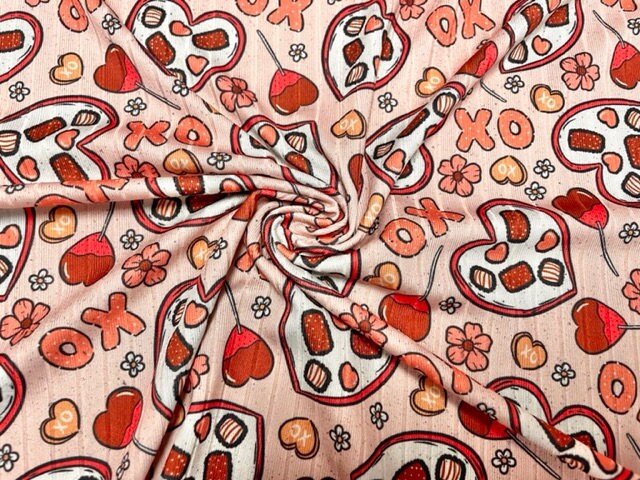 8x3 Rib Brittany Frost Designs XOXO Candy DBP Knit Print #470 Brushed Poly Spandex Stretch 190GSM Apparel Fabric 58"-60" Wide By The Yard