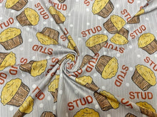 Load image into Gallery viewer, 8x3 Rib Brittany Frost Designs Stud Muffin DBP Knit Print #483 Brushed Poly Spandex Stretch 190GSM Apparel Fabric 58"-60" Wide By The Yard