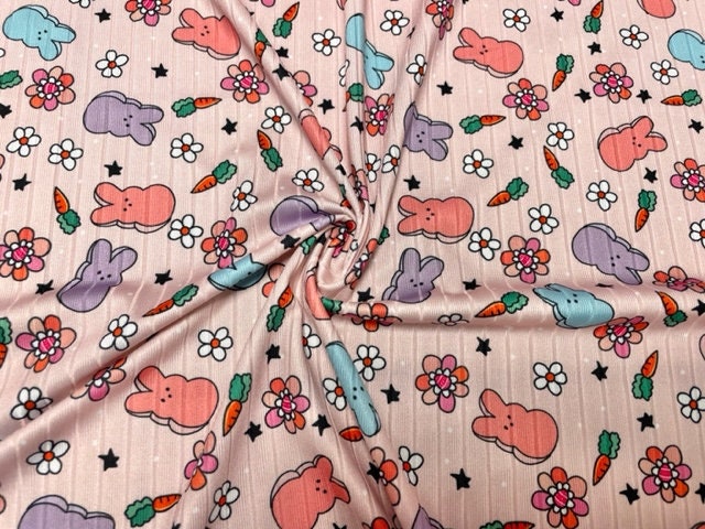 8x3 Rib Brittany Frost Designs Peeps Floral DBP Knit Print #507 Brushed Poly Spandex Stretch 190GSM Apparel Fabric 58"-60" Wide By The Yard