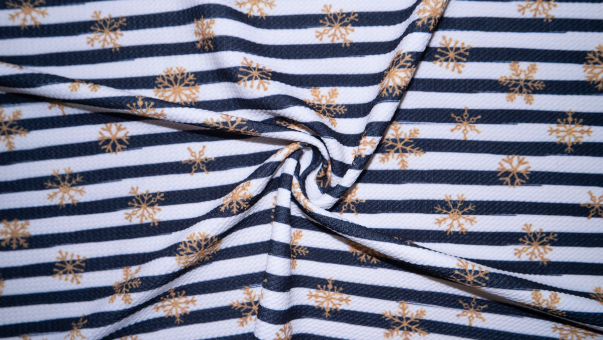 Gold Snowflake Stripe Bullet Print #248 Ribbed Scuba Techno Double Knit 2-Way Stretch Poly Spandex Apparel Craft Fabric 58"-60" Wide BTY