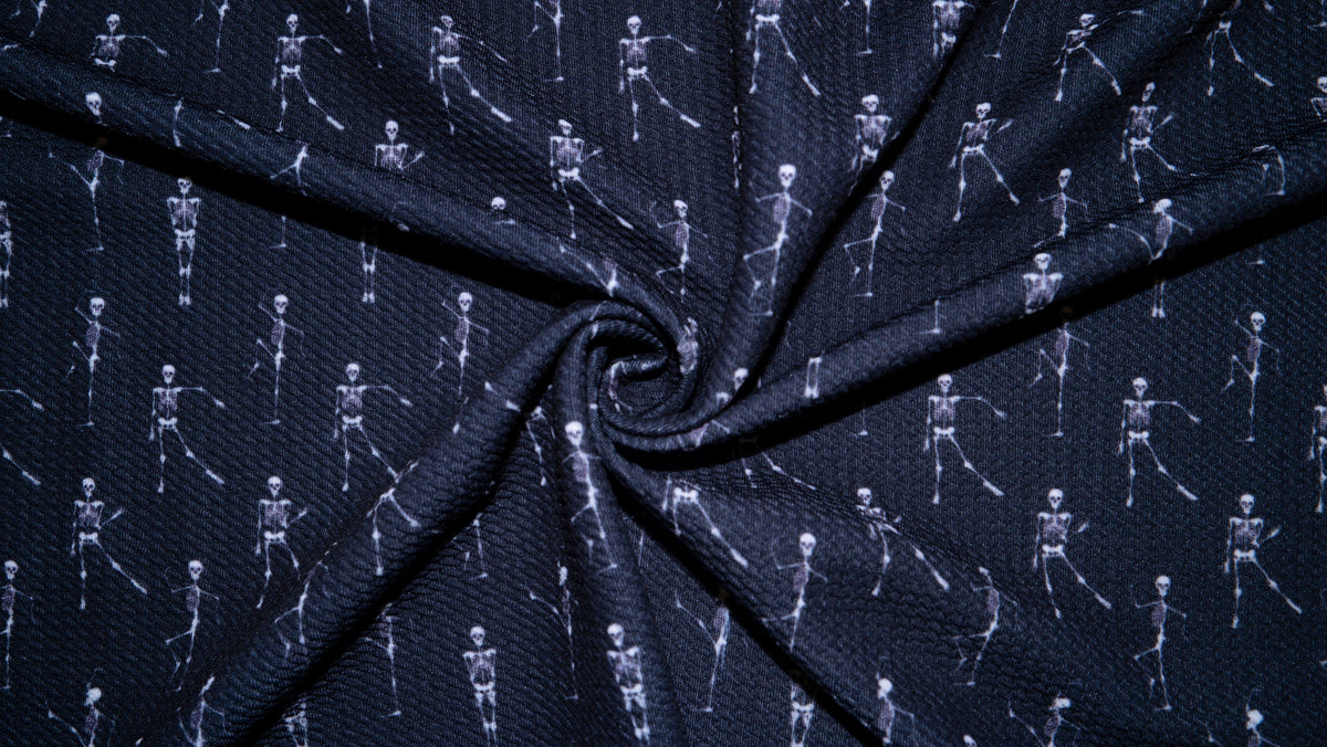 Skeleton Dance Halloween Bullet Print #260 Ribbed Scuba Techno Double Knit 2-Way Stretch Poly Spandex Apparel Craft Fabric 58"-60" Wide BTY