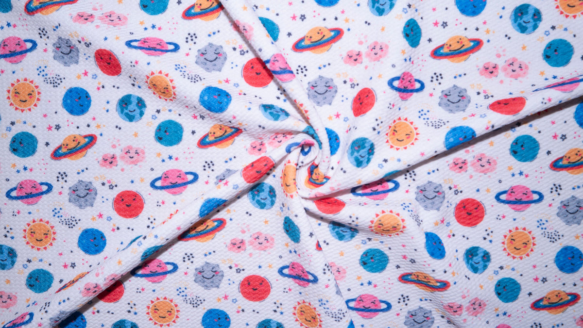 Happy Solar System Bullet Print #310 Ribbed Scuba Techno Double Knit 2-Way Stretch Poly Spandex Apparel Craft Fabric 58"-60" Wide BTY