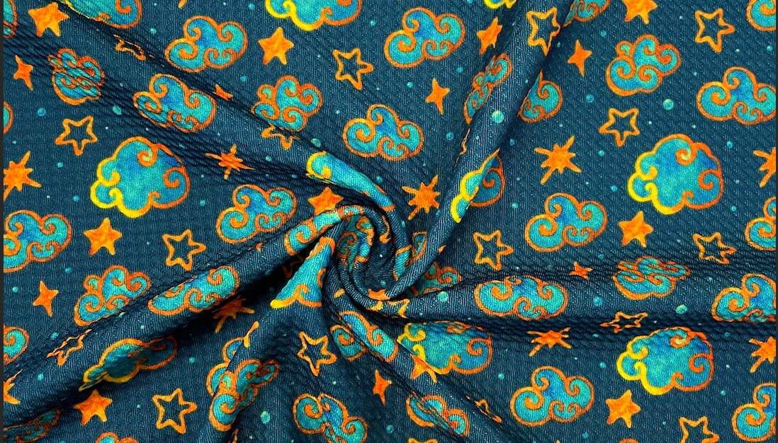 Cloud + Stars Bullet Print #376 Ribbed Scuba Techno Double Knit 2-Way Stretch Poly Spandex Apparel Craft Fabric 58"-60" Wide BTY