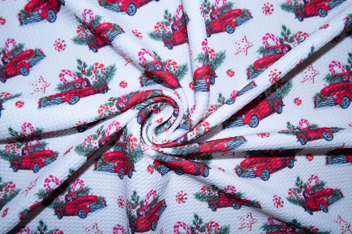 Christmas Truck Bullet Print #105 Ribbed Scuba Techno Double Knit 2-Way Stretch Poly Spandex Apparel Craft Fabric 58"-60" Wide BTY