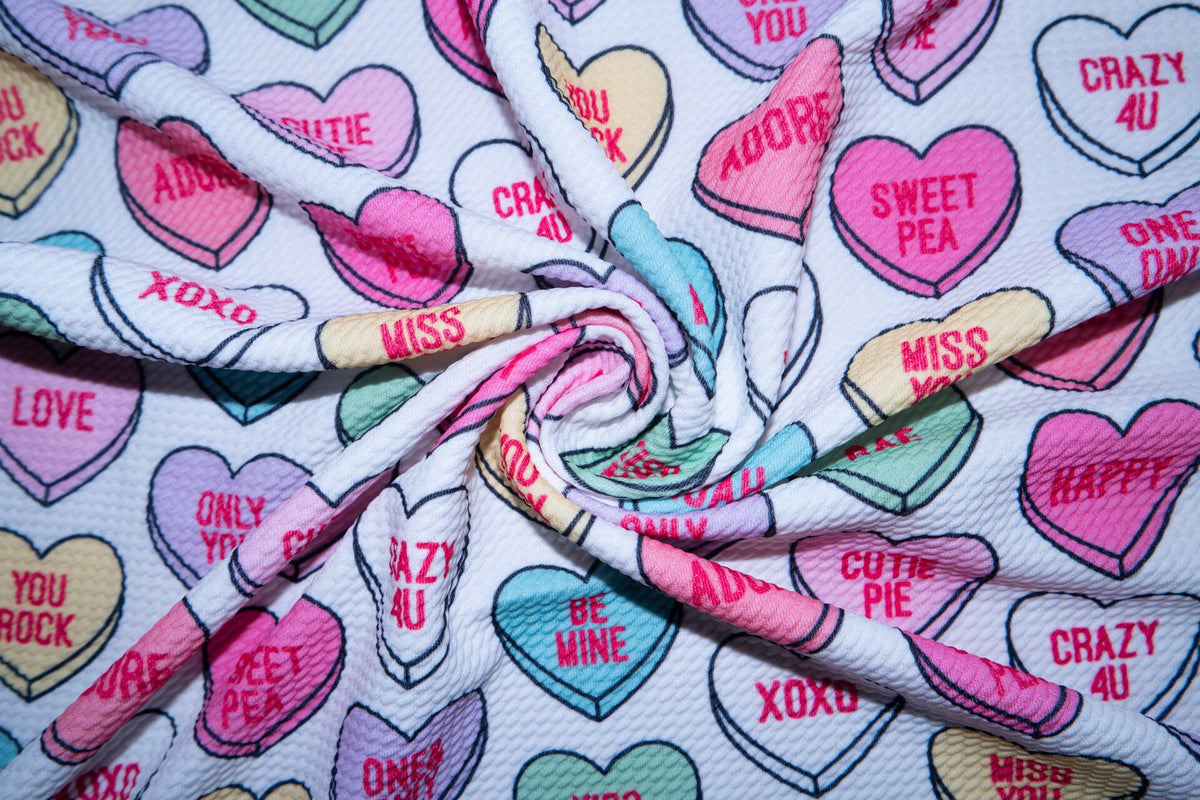 Candy Hearts Valentine Bullet Print #130 Ribbed Scuba Techno Double Knit 2-Way Stretch Poly Spandex Apparel Craft Fabric 58"-60" Wide BTY
