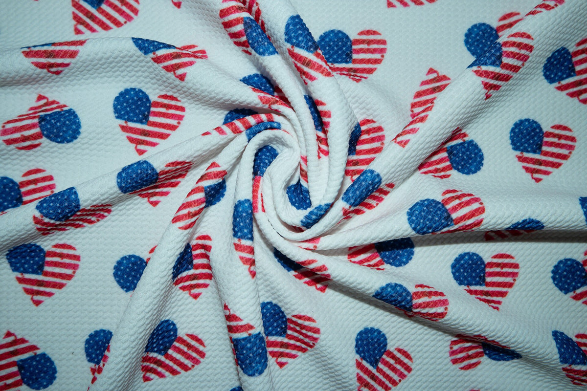American Flag Hearts Bullet Print #162 Ribbed Scuba Techno Double Knit 2-Way Stretch Poly Spandex Apparel Craft Fabric 58"-60" Wide BTY