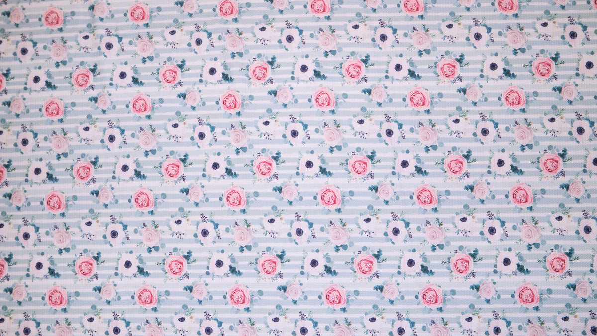 Pastel Mint Floral Stripe Bullet Print #216 Ribbed Scuba Techno Double Knit 2-Way Stretch Poly Spandex Apparel Craft Fabric 58"-60" Wide BTY