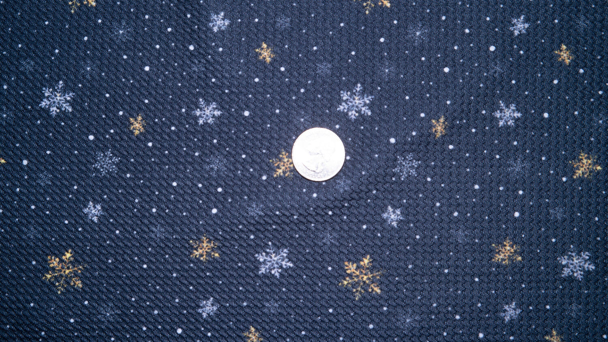 Snowflake Gold Silver Bullet Print #331 Ribbed Scuba Techno Double Knit 2-Way Stretch Poly Spandex Apparel Craft Fabric 58"-60" Wide BTY